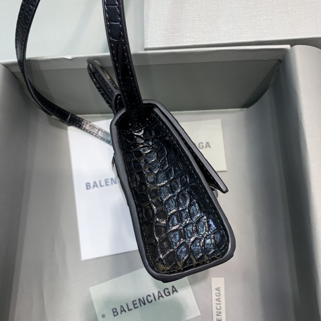 Balenciaga Hourglass Mini Handbag Crocodile Embossed Shoulder Bag Black 